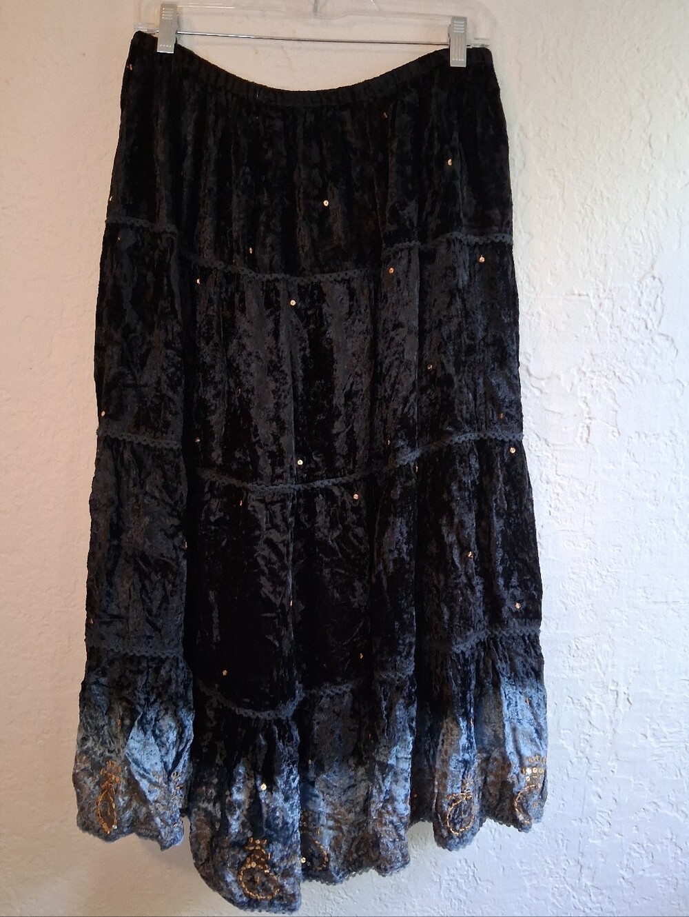 Dimri Black Velvet Tiered Maxi Skirt with Embellished Hem Sz L Witchy Whimsigoth